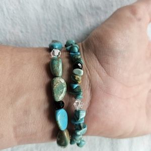 Turquoise Stretch Bracelets, Lot Of Two, Green & Blue Stones, Clear Beads
